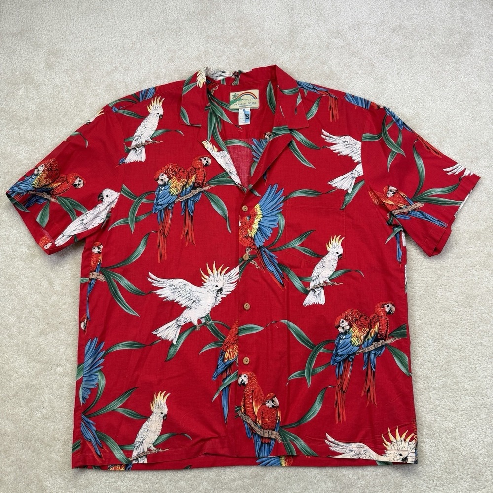 PARADISE FOUND Magnum PI Parrot Hawaiian Shirt Mens XL Red Tom Selleck